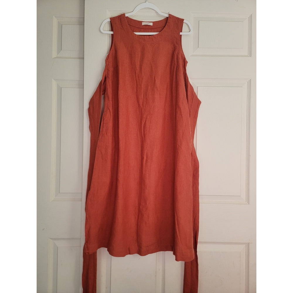 menique 100% Linen Hailey Sleeveless Obi Wrap Midi Dress Belted Red Small Pocket - Picture 4 of 15